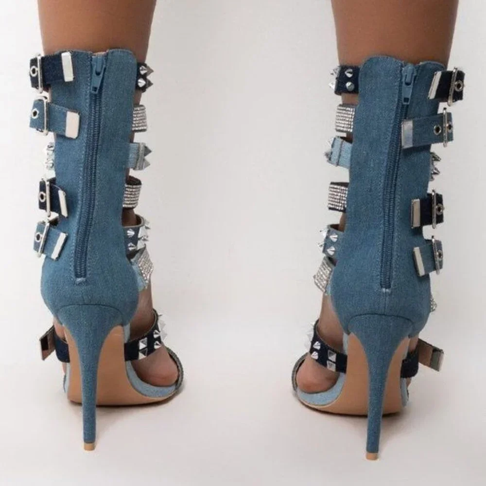 Callie Spiked & Studded: Denim Gladiator Stiletto Sandal 7.5 - Picture 4 of 5